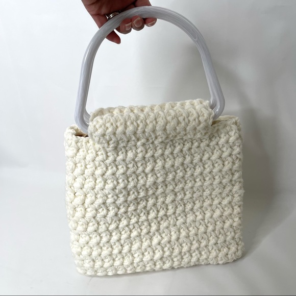 Vtg Crochet Double Handle Handbag Clutch Handmade Boho Purse - Picture 6 of 14